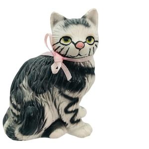Sweet Black & White Cat w/ Bow Hand Painted Ceramic  Figurine 3 1/2" 1992" H
